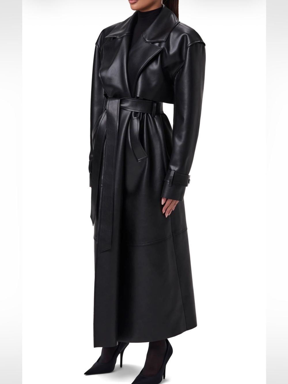 naked wardrobe Black Faux Leather Long Trench with Belt